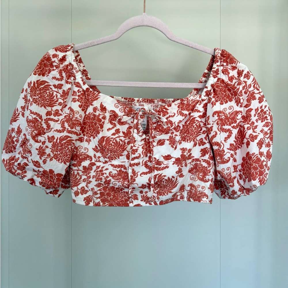 Japna Red and White Floral Puff Sleeve Blouse